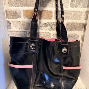 B. Makowsky Burbank Black Patent Genuine Leather Handbag with Pink Trim Y2K